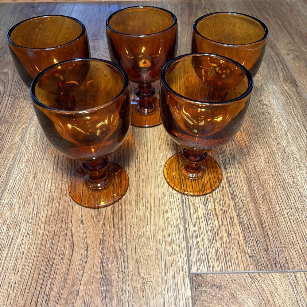Vintage Imperial Hoffman House Amber 8 oz. Wine Glass Goblet Set Of 5 MCM 80s